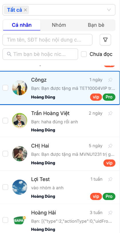 Danh sách hội thoại và bộ lọc