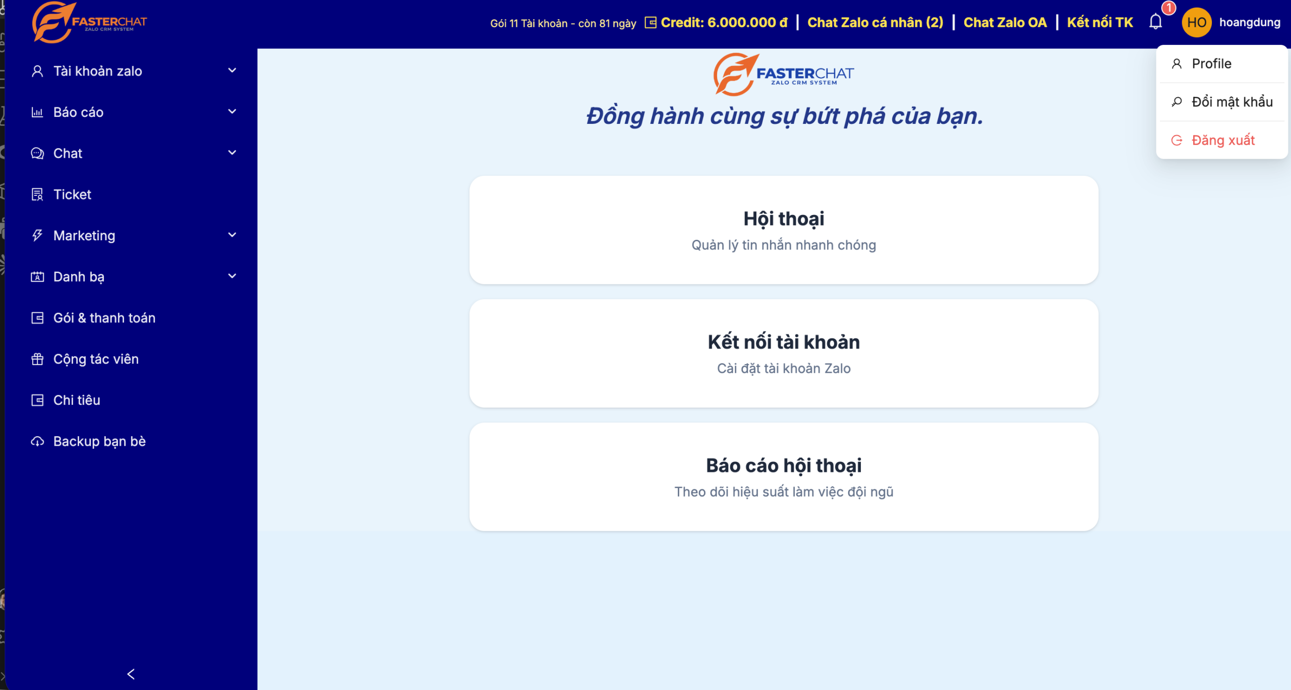 Click vào profile sau khi đăng nhập thành công