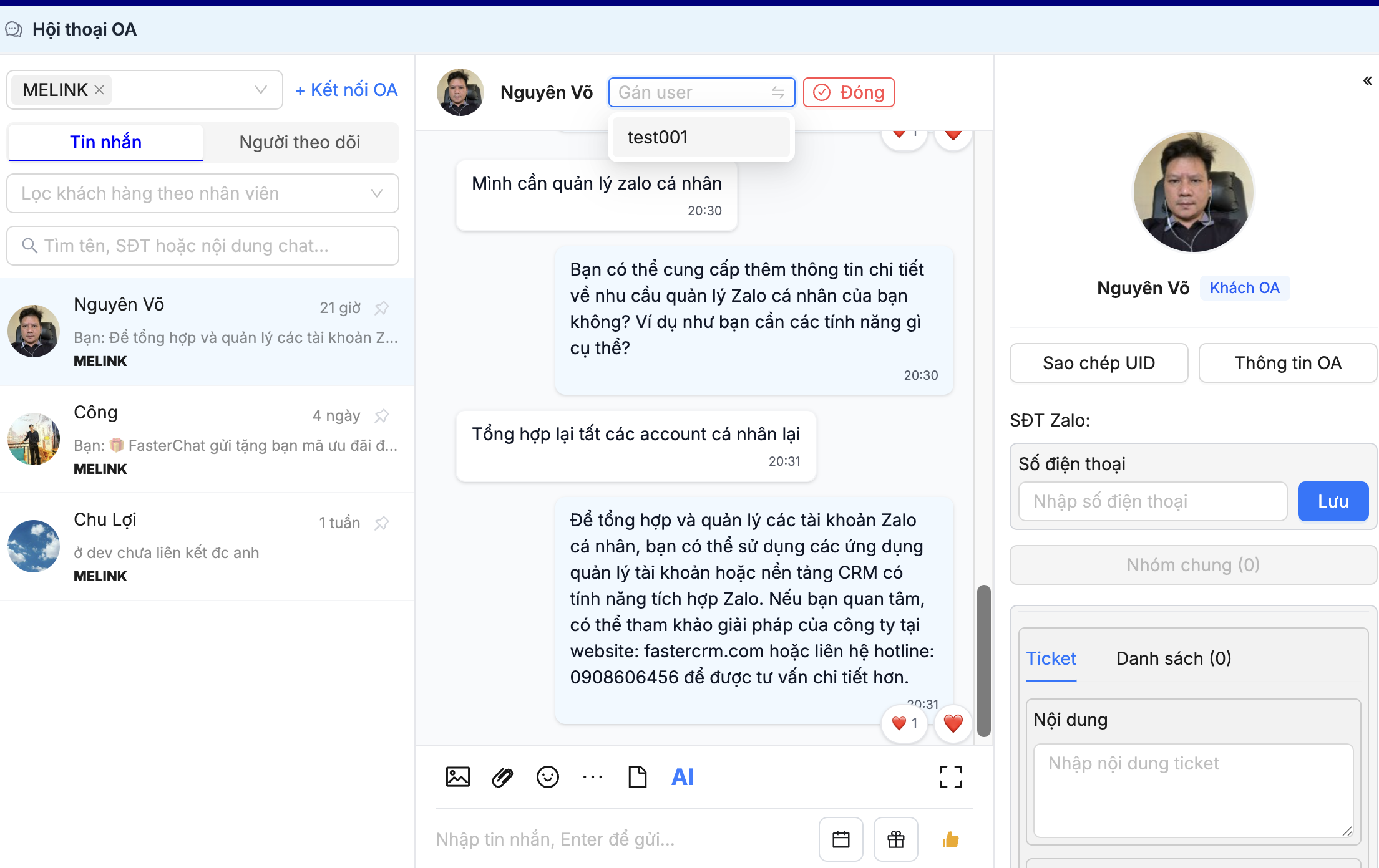 Giao diện Chat qua Zalo OA