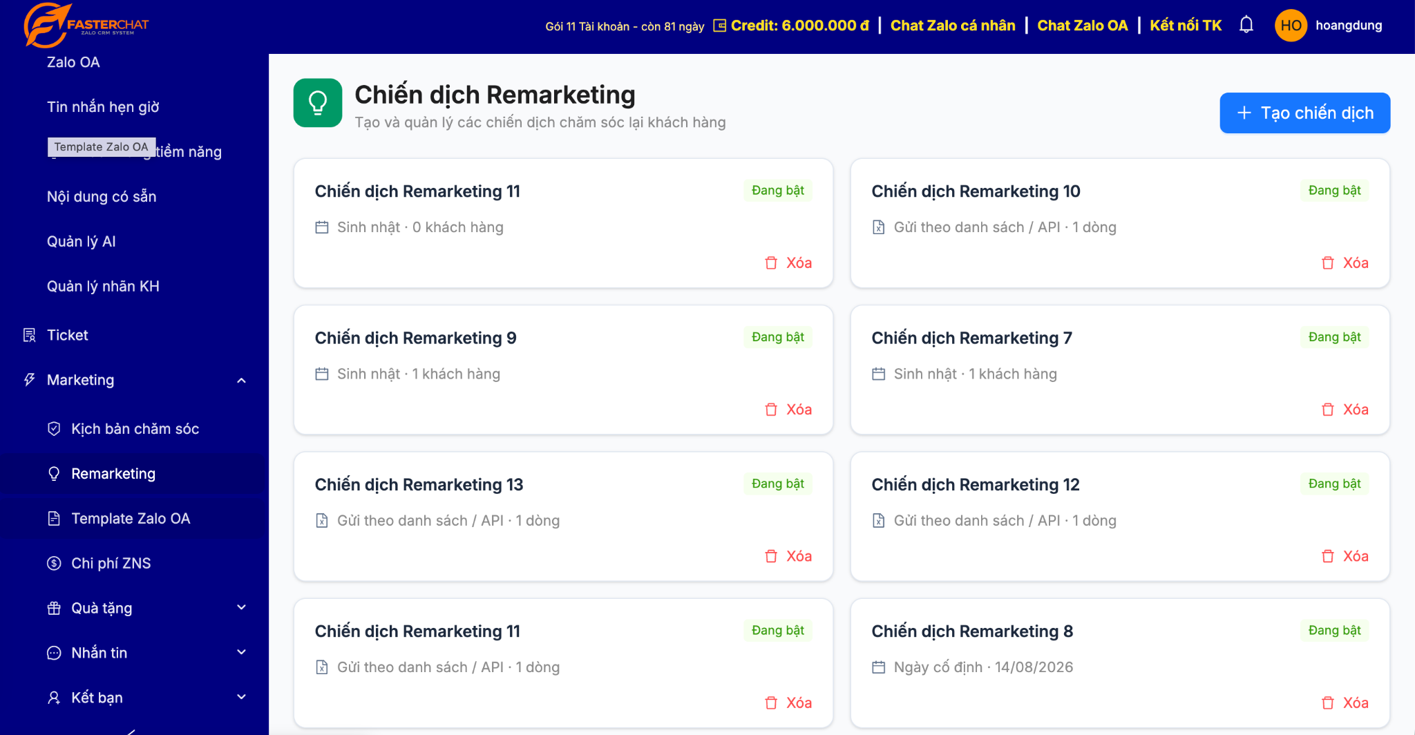 Danh sách chiến dịch Remarketing