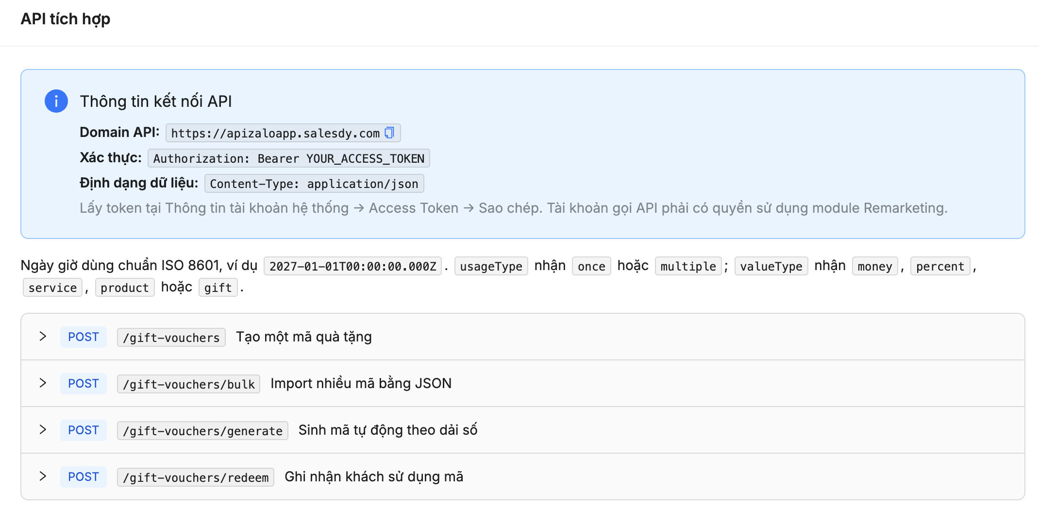 Thông tin tích hợp API