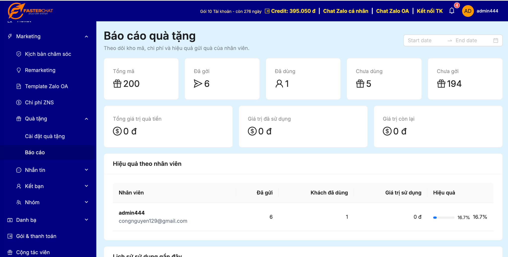 Báo cáo quà tặng và hiệu quả theo nhân viên