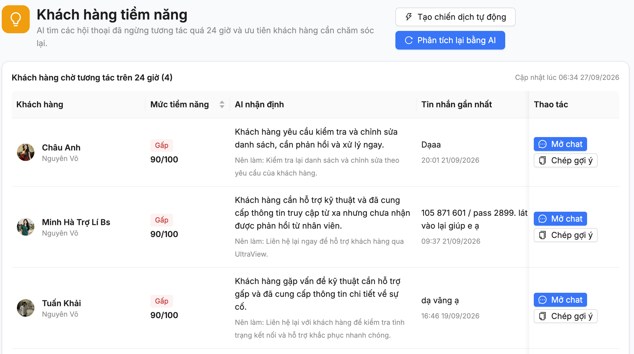 Khu vực quản lý khách hàng tiềm năng
