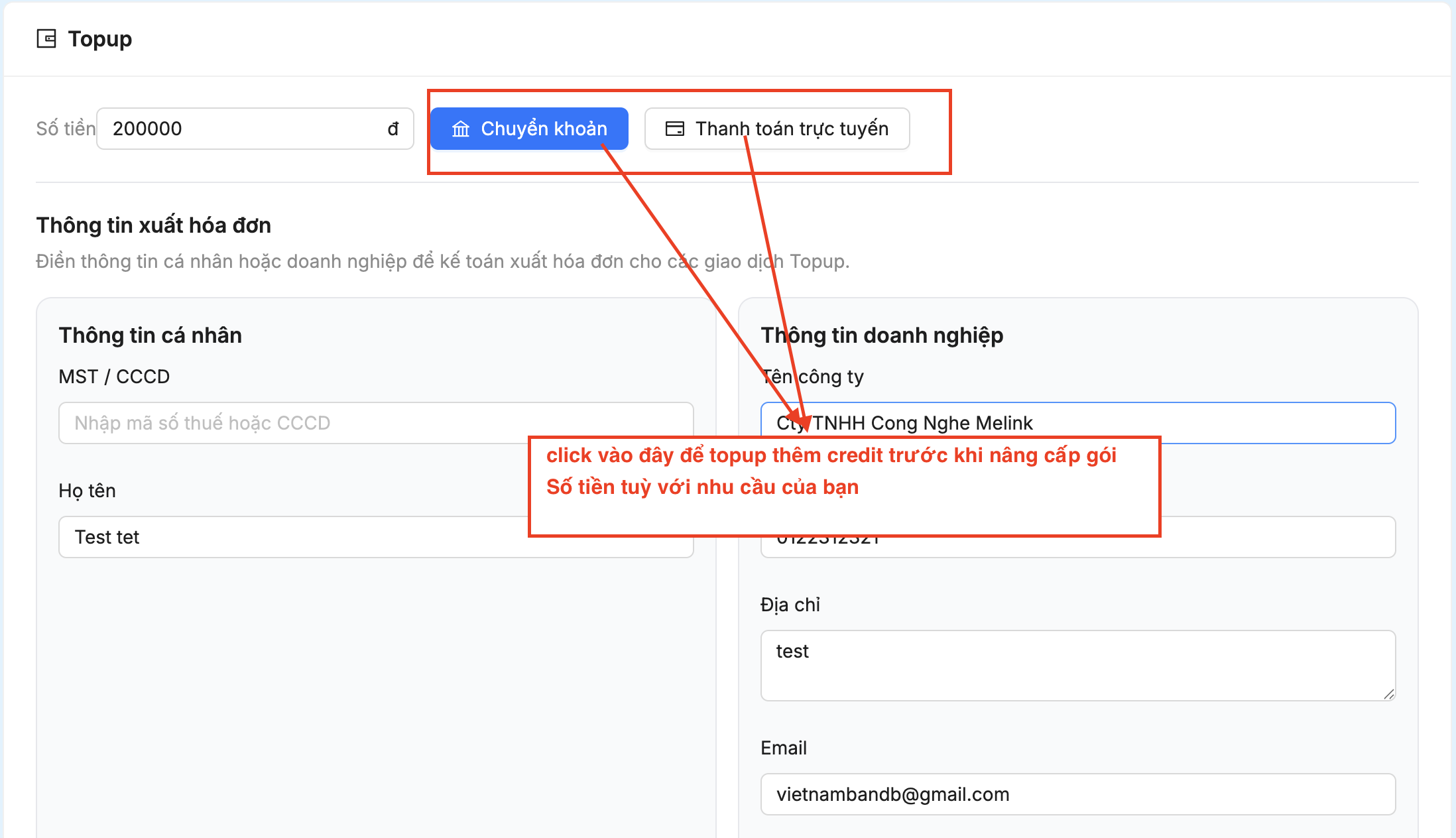 Topup phí dịch vụ